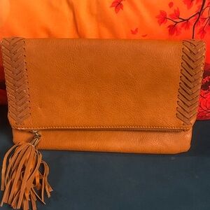 Chic Tan Faux Leather Clutch with Tassel